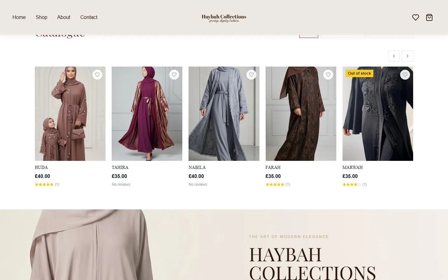 Haybah Collections product presentation on desktop.