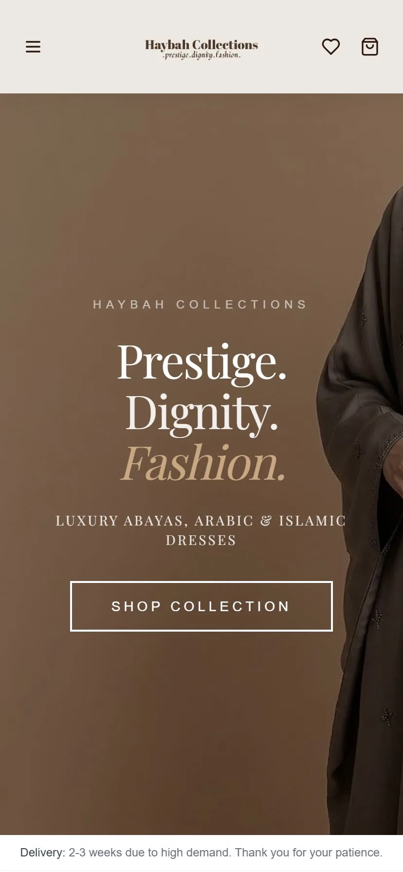 Haybah Collections homepage on mobile.