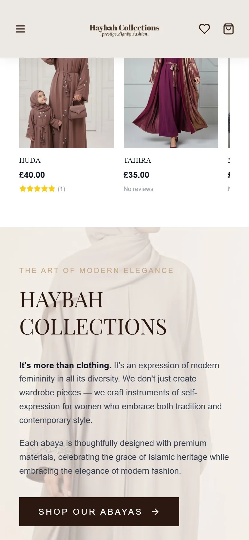Haybah Collections product browsing on mobile.