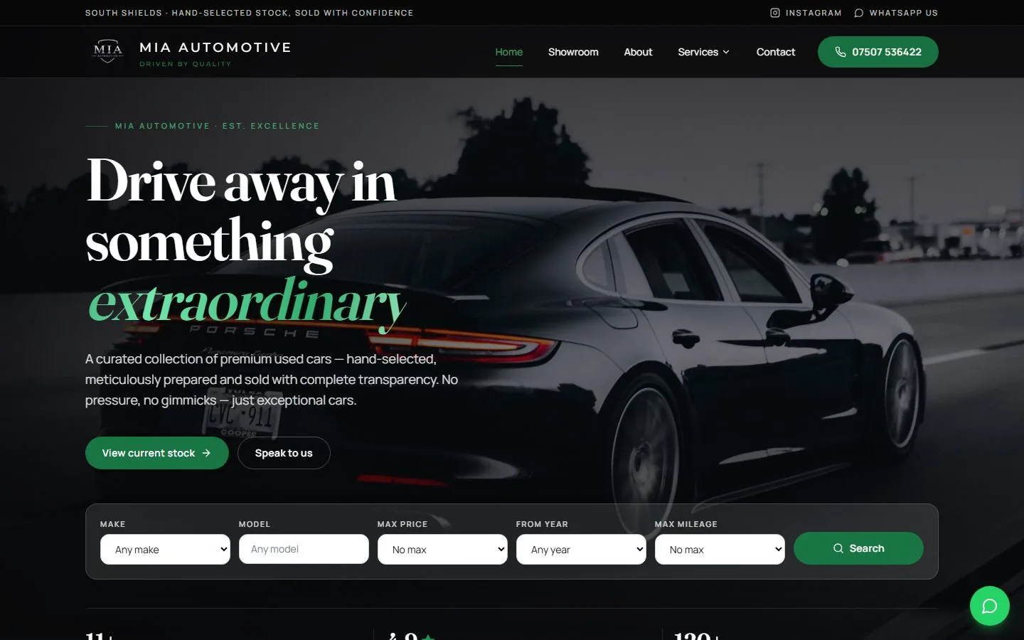 MIA Automotive homepage, showing the vehicle search by make, model, price, year and mileage.