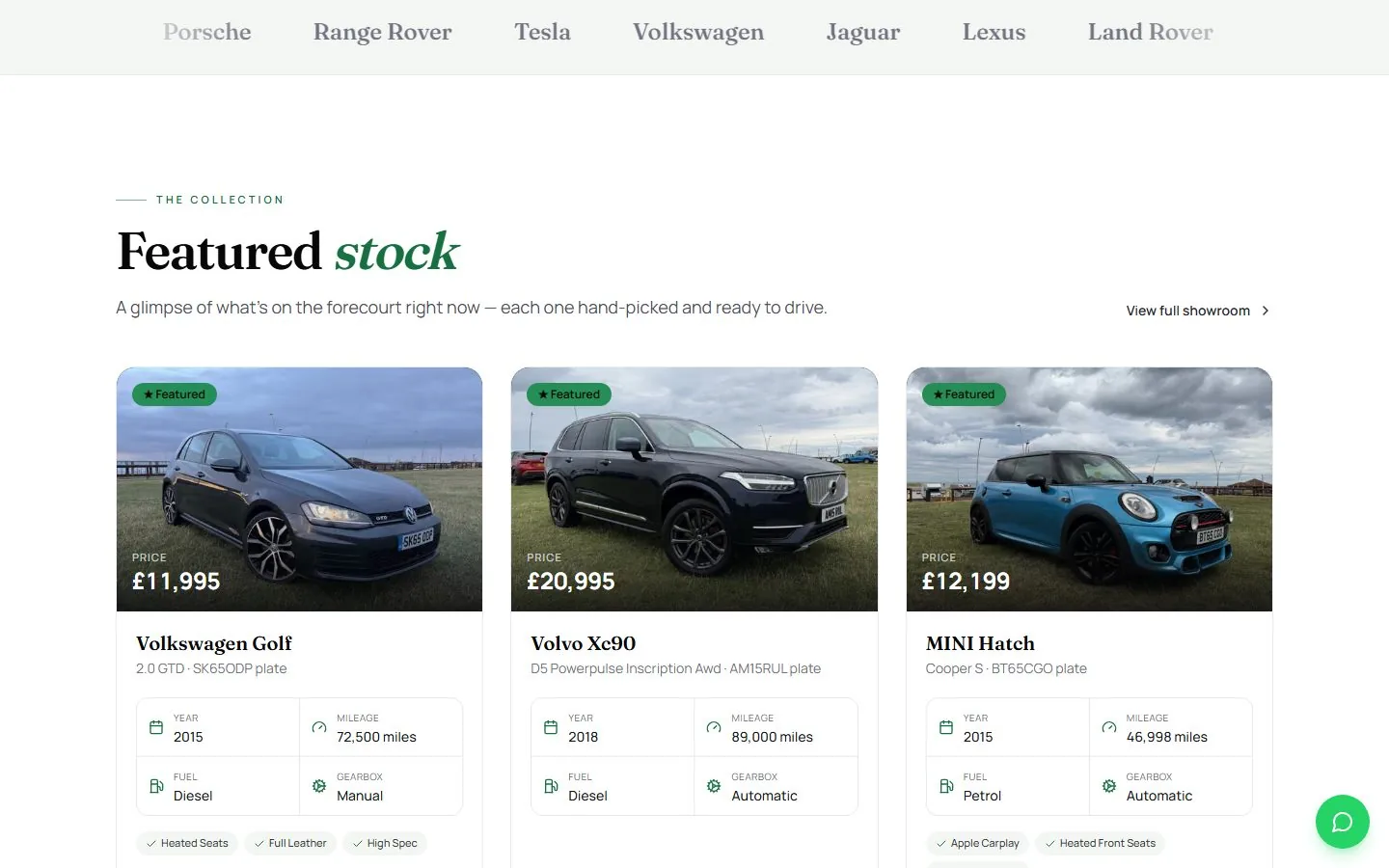 MIA Automotive featured stock listing, with price, year, mileage, fuel and gearbox on each vehicle card.