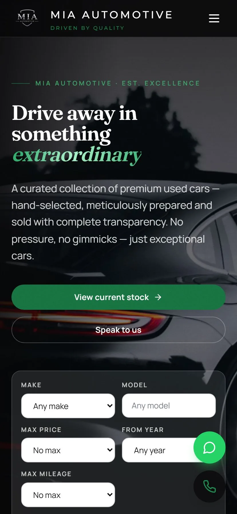 MIA Automotive homepage on mobile.