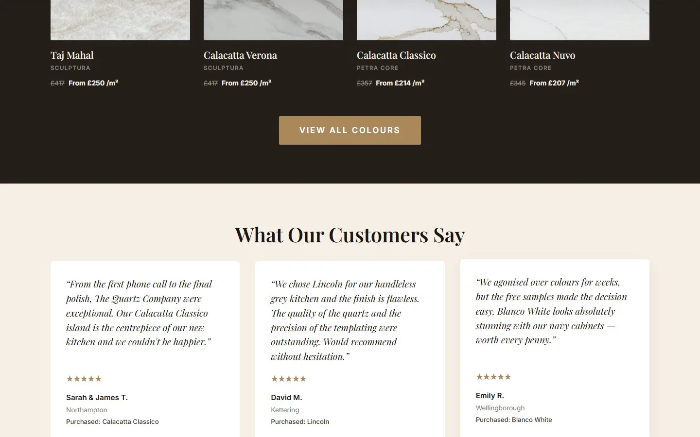 The Quartz Company surface range with per-square-metre pricing, above a customer reviews section.